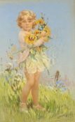 LANCELOT ROBERTS  PASTEL DRAWING  Young girl in a meadow with an arm full of flowers  signed lower