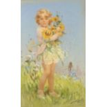 LANCELOT ROBERTS  PASTEL DRAWING  Young girl in a meadow with an arm full of flowers  signed lower