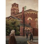 ROGER HAMPSON (1925 - 1996) OIL PAINTING ON CANVAS 'Derelict Church, Ancoats' Signed lower right and