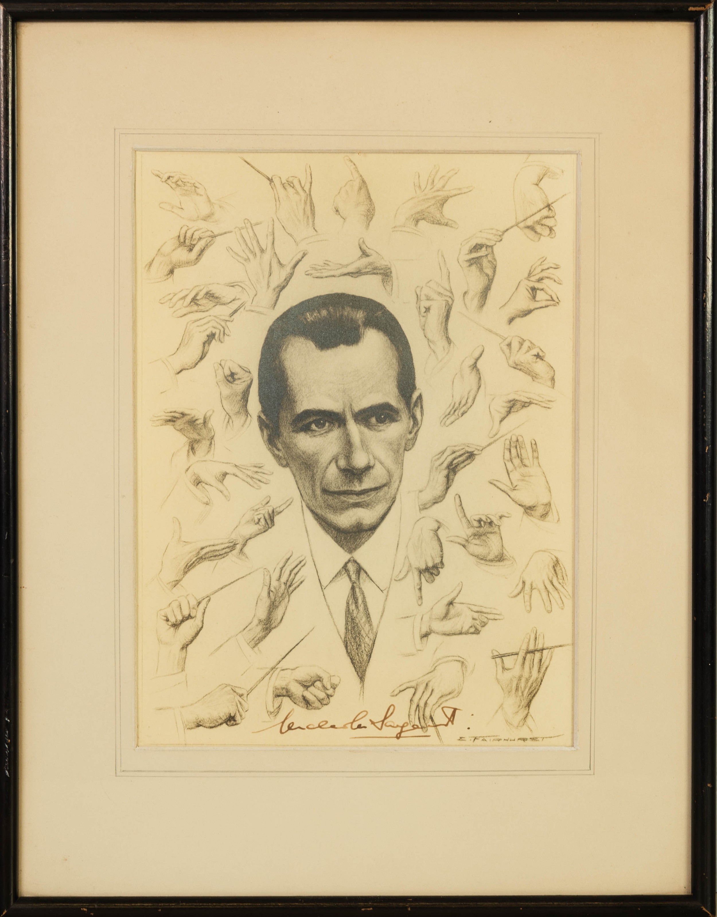 ENOCH FAIRHURST (1874-1945) PENCIL DRAWING  Portrait of Sir Malcolm Sargent with surround of 33 - Image 2 of 2