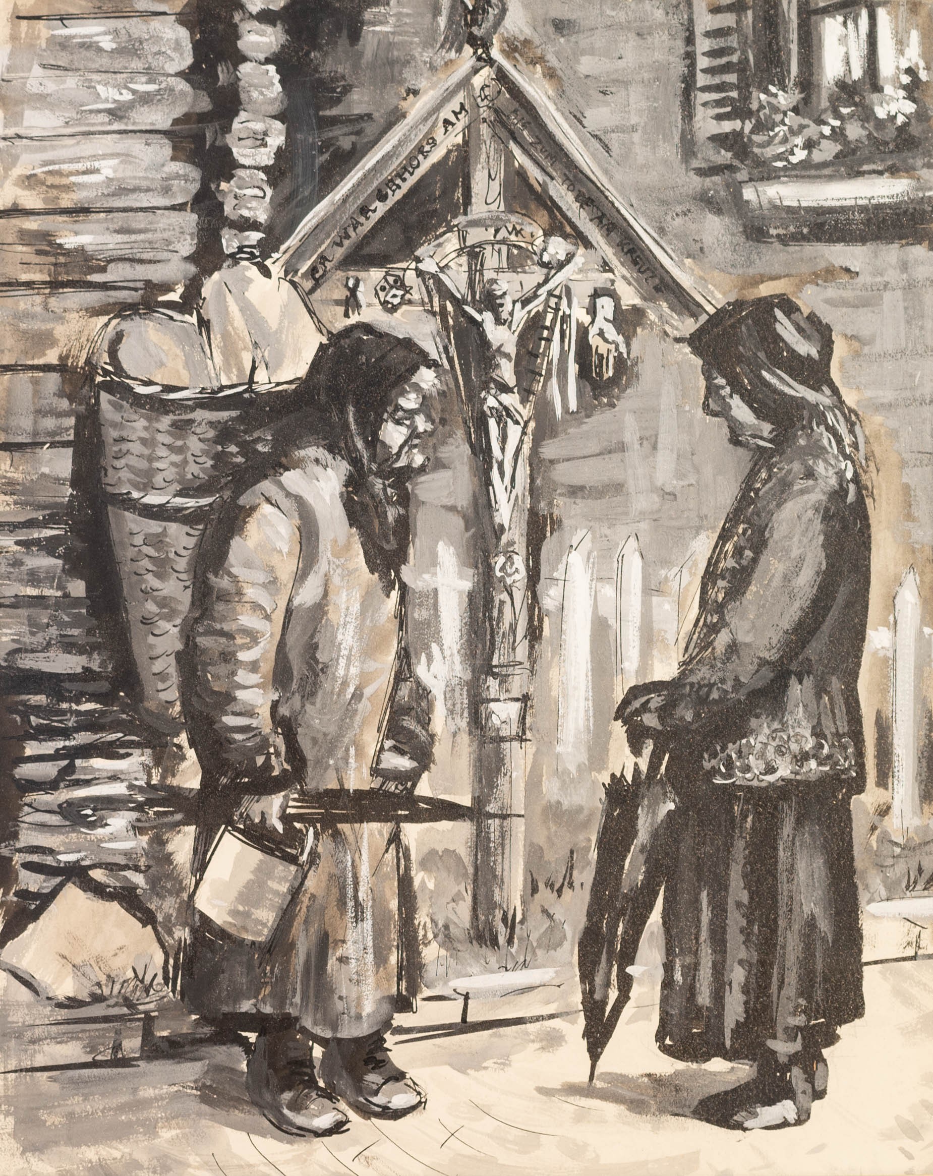 ROGER HAMPSON (1925 - 1996) GOUACHE MONOCHROME DRAWING Two Greek women conversing by a roadside