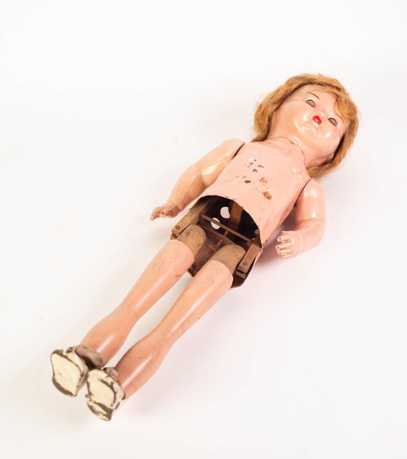 UNUSUAL PROBABLY ORE-WAR FLESH COLOURED TINPLATE AND MOULDED COMPOSITION TALL DOLL, the tinplate - Image 2 of 3