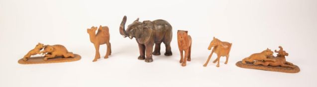 TWO PRE-WAR INDIAN INTRICATELY CARVED HARD WOOD SMALL GROUPS of a tiger attacking an elephant and