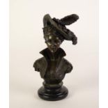 CAST BRONZE BUST OF A NINETEENTH CENTURY PROBABLY FRENCH LADY in feather bonnet and high collar