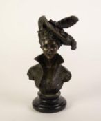 CAST BRONZE BUST OF A NINETEENTH CENTURY PROBABLY FRENCH LADY in feather bonnet and high collar