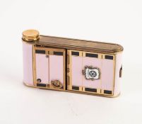 LADIES BOXED MID TWENTIETH CENTURY GILT METAL AND PINK ENAMEL COMBINED MUSICAL POWDER COMPACT,