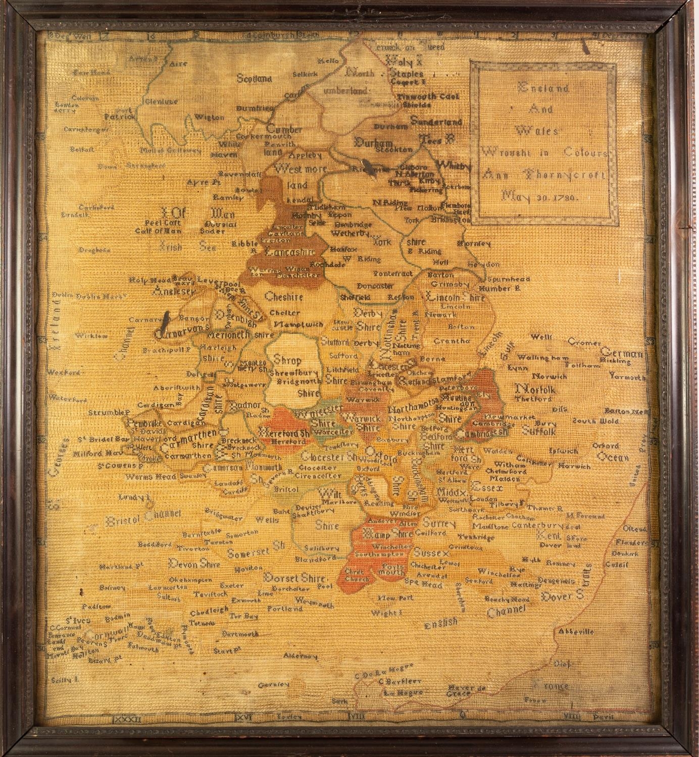 LATE EIGHTEENTH CENTURY NEEDLEWORK MAP OF 'ENGLAND AND WALES WROUGHT IN COLOURS ANN THORNEYCROFT MAY - Image 2 of 2