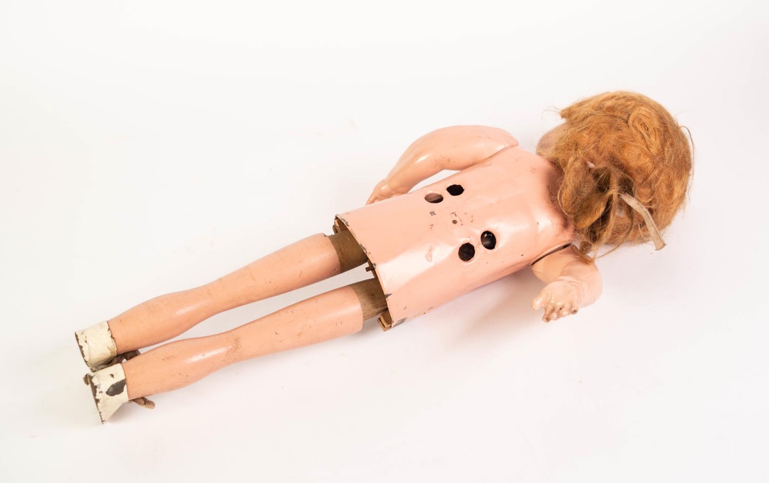 UNUSUAL PROBABLY ORE-WAR FLESH COLOURED TINPLATE AND MOULDED COMPOSITION TALL DOLL, the tinplate - Image 3 of 3