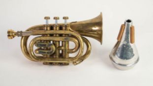 ROSE-MORRIS, LONDON, DULCET BRASS CORNET with a mouthpiece, (ill fitting) and an ALUMINIUM MUTE (