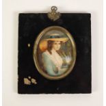 OVAL PORTRAIT MINIATURE, young lady wearing a wide brimmed straw hat,  signed ?Rene?, 3 ¼? x 2 ½?,