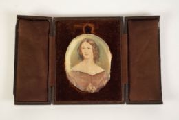 19TH CENTURY PAINTED PORTRAIT MINIATURE ON AN OVAL IVORY PANEL (broken) and a morocco triptych