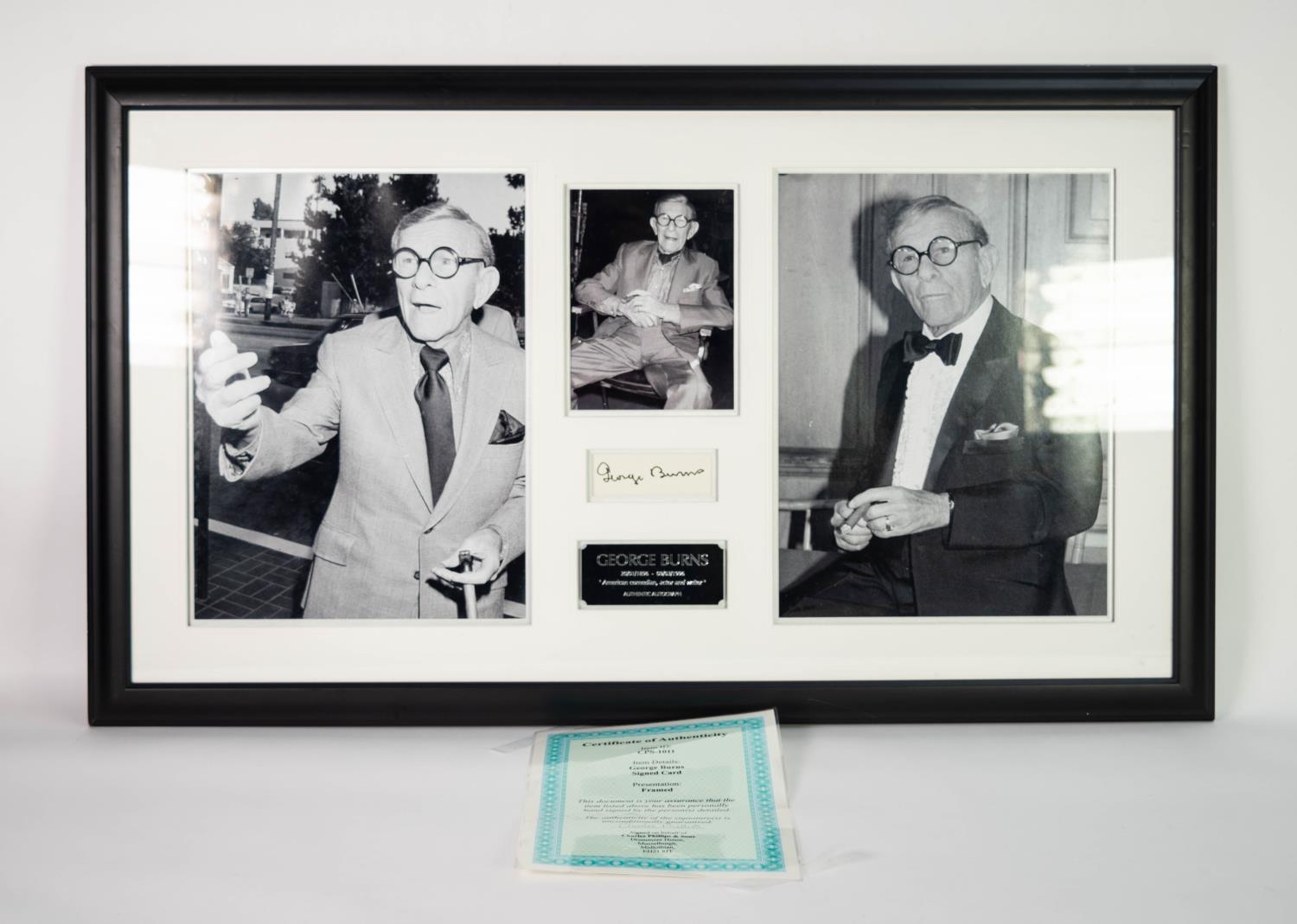 GEORGE BURNS - AMERICAN COMEDIAN AND ACTOR AUTOGRAPH ON WHITE CARD, mounted as montage with three