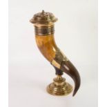LATE 19th/EARLY 20th CENTURY, PROBABLY GERMAN, LARGE DRINKING HORN, cast metal and ornate brass