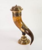 LATE 19th/EARLY 20th CENTURY, PROBABLY GERMAN, LARGE DRINKING HORN, cast metal and ornate brass