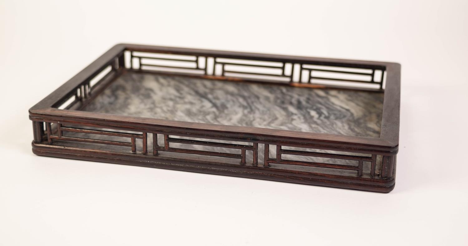 A CHINESE QING DYNASTY VEINED GREY HARDSTONE AND HUALI WOOD GALLERIED TRAY, 12 1/4" (31cm)  x 8 5/8" - Image 2 of 2
