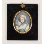 SAUNDERFIELD ?  OVAL PORTRAIT MINIATURE ON IVORY, young woman wearing a bonnet and holding a