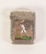 LATE VICTORIAN SILVER AND ENAMEL CRICKET RELATED VESTA BOX, showing image of batsman in full flow,