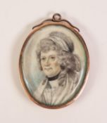 BRITISH SCHOOL (circa 1800)  OVAL PORTRAIT MINIATURE ON IVORY of a lady with ribbon-tied grey