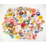 COLLECTION OF APPROX 110 MAINLY PRINTED TIN CIRCA 1970's LAPEL BADGES - ADVERTISING, POLITICAL AND