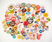 COLLECTION OF APPROX 110 MAINLY PRINTED TIN CIRCA 1970's LAPEL BADGES - ADVERTISING, POLITICAL AND
