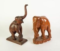 INDIAN PRE-WAR CARVED HARDWOOD ELEPHANT TABLE LAMP, raised trunk and torso pierced to receive wiring