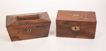 VICTORIAN ROSEWOOD SARCOPHAGUS SHAPED TEA CADDY, twin lidded interior with remnants of foil