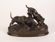 CAST FROM A MODEL BY JULES MOIGNIEZ (1835-1894)   A PATINATED BRONZE OF TWO MALE AND FEMALE GUNDOGS,