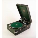 H.M.V. SPRING DRIVEN TABLE TOP RECORD PLAYER, with chromium plated pick-up arm and head, original