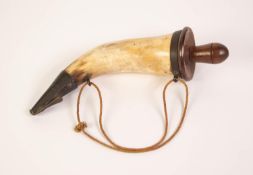 A NINETEENTH CENTURY POSSIBLY AMERICAN COW-HORN POWDER FLASK with wooden screw-thread capped filling