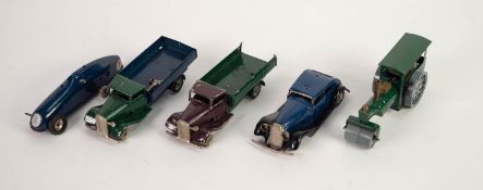 FIVE TRIANG MINIC VINTAGE TIN PLATE CLOCKWORK VEHICLES, to include steam road roller, green (