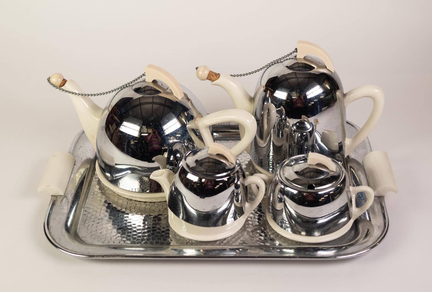 STYLISH ART DECO CELTIC BEEHIVE FIVE PIECE TEA SERVICE, chrome, cream glazed pottery and cream-