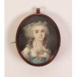 FRENCH SCHOOL (Nineteenth Century)  OVAL PORTRAIT MINIATURE ON IVORY of a lady with blue-ribbon tied