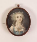 FRENCH SCHOOL (Nineteenth Century)  OVAL PORTRAIT MINIATURE ON IVORY of a lady with blue-ribbon tied