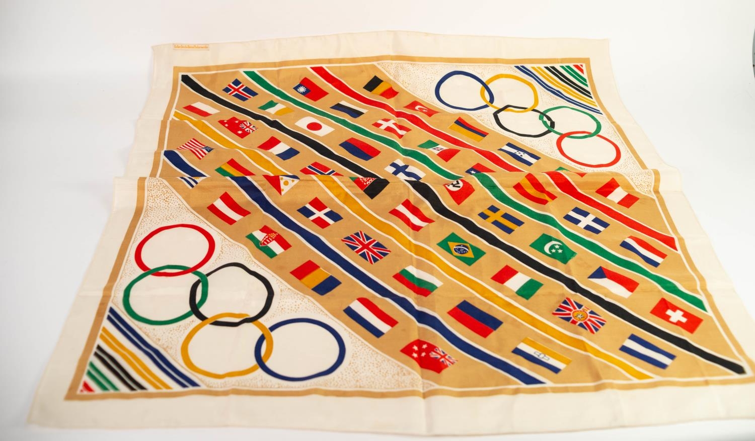 1936 OLYMPIC GAMES SOUVENIR SILK SCARF, printed in colours with flags and emblem, unbranded, 31? (