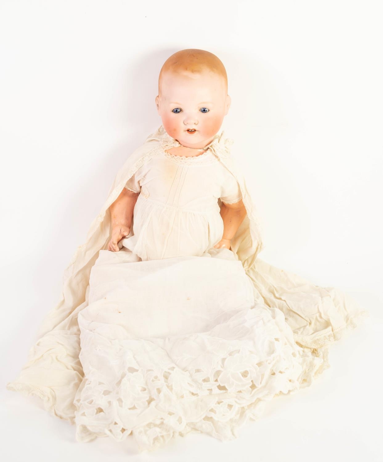 ARMAND MARSEILLES BISQUE HEADED LARGE BABY DOLL with moulded hair, sleeping blue eyes, open mouth