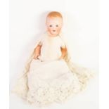 ARMAND MARSEILLES BISQUE HEADED LARGE BABY DOLL with moulded hair, sleeping blue eyes, open mouth