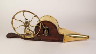 A NINETEENTH CENTURY WOODEN AND BRASS MECHANICAL BELLOWS, 23 1/2" (59.5cm) long