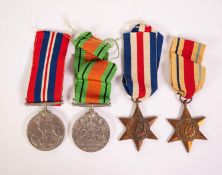 FOUR WORLD WAR II MEDALS AND RIBBONS, VIZ 1939-45 MEDAL, 'The Defence Medal' 1939-45', 'The France