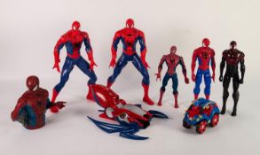 FIVE MODERN PLASTIC FIGURES OF SPIDERMAN, together with a BUST and TWO VEHICLES, (8)