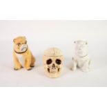 TWO POTTERY TOBACCO JARS AND COVERS MODELLED AS SEATED PUG DOGS, one white glazed, nineteenth