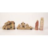 ORIENTAL CARVED SOAPSTONE SMALL GROUP, MONKEY ON THE BACK OF AN OX LYING DOWN, 3" (7.6cm) long,