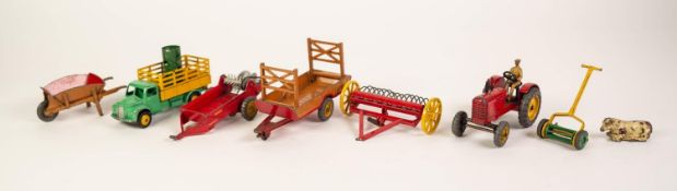 DINKY TOYS MASSEY HARRIS TRACTOR No. 27A, playworn in a RELATED RETAILERS FAWN BOX TO HOLD 3