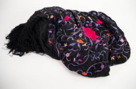 BLACK CREPE DE CHINE FLORAL SHAWL        EMBROIDERED AND FRINGED TO ALL SIDES, approx 4' x 4' (122cm