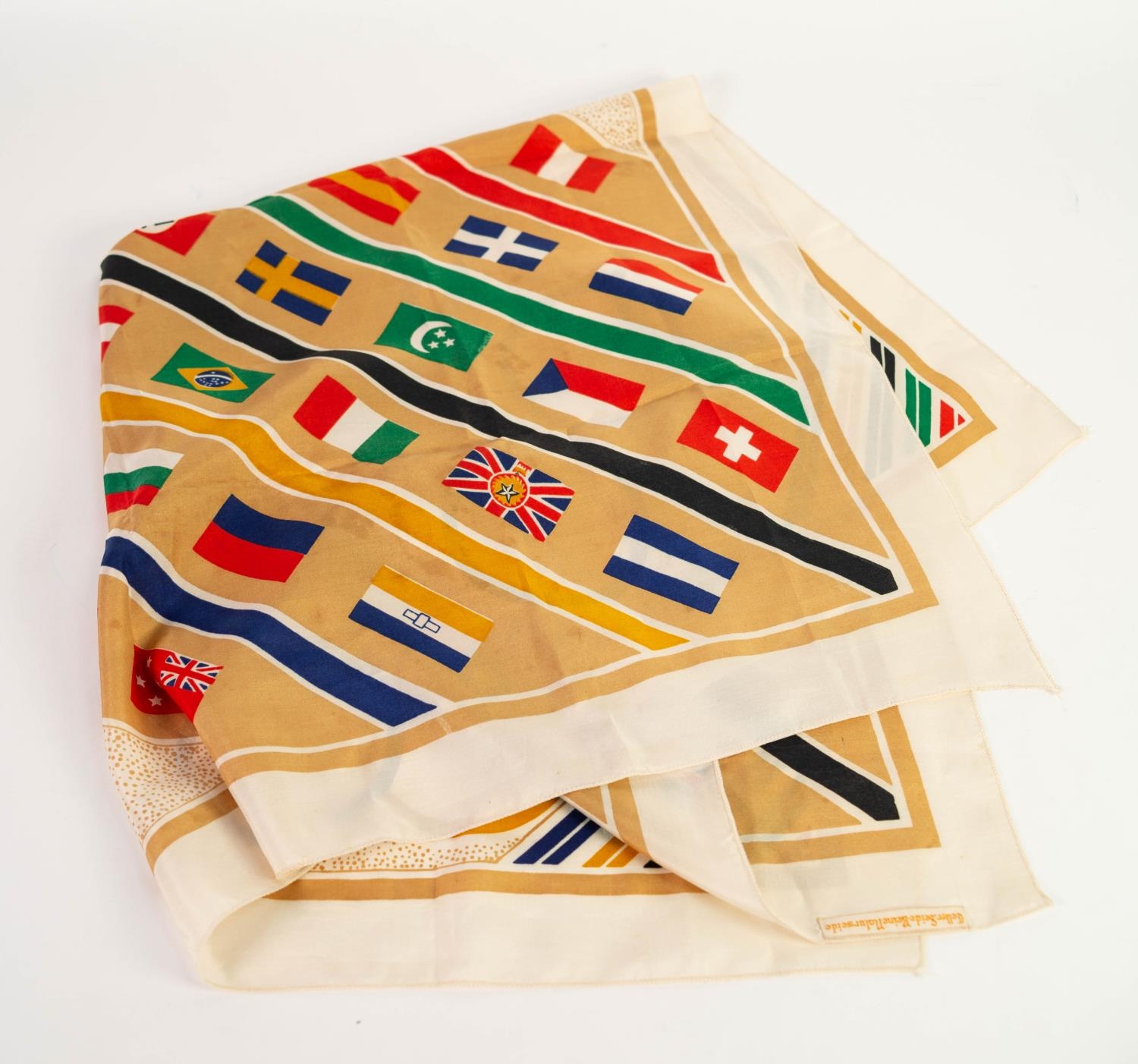 1936 OLYMPIC GAMES SOUVENIR SILK SCARF, printed in colours with flags and emblem, unbranded, 31? ( - Image 2 of 2