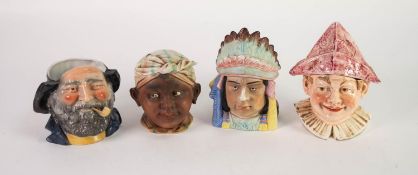 TWO TINTED BISQUE CHARACTER JUG STYLE TOBACCO JARS AND COVERS, one modelled as a Native American