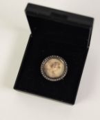 VICTORIAN SMALL CIRCULAR BROOCH, INSET WITH A MINIATURE PAINTING ON MOTHER OF PEARL, portrait of a