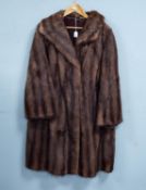 BROWN MINK FULL-LENGTH FUR COAT, with double breasted hook fastening front, slit pockets, broad