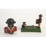 PAINTED CAST ALLOY COPY OF A JOLLY MONEY BANK, with patent NO. 601362, extensive chips but