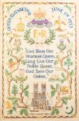 A PROFICIENTLY WORKED MID TWENTIETH CENTURY NEEDLEWORK,  COMMEMORATING CORONATION 1953, showing