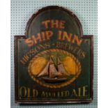 VINTAGE PAINTED WOOD SINGLE SIDED PUB SIGN 'THE SHIP INN, ROBINSON'S BREWERS', coach topped with